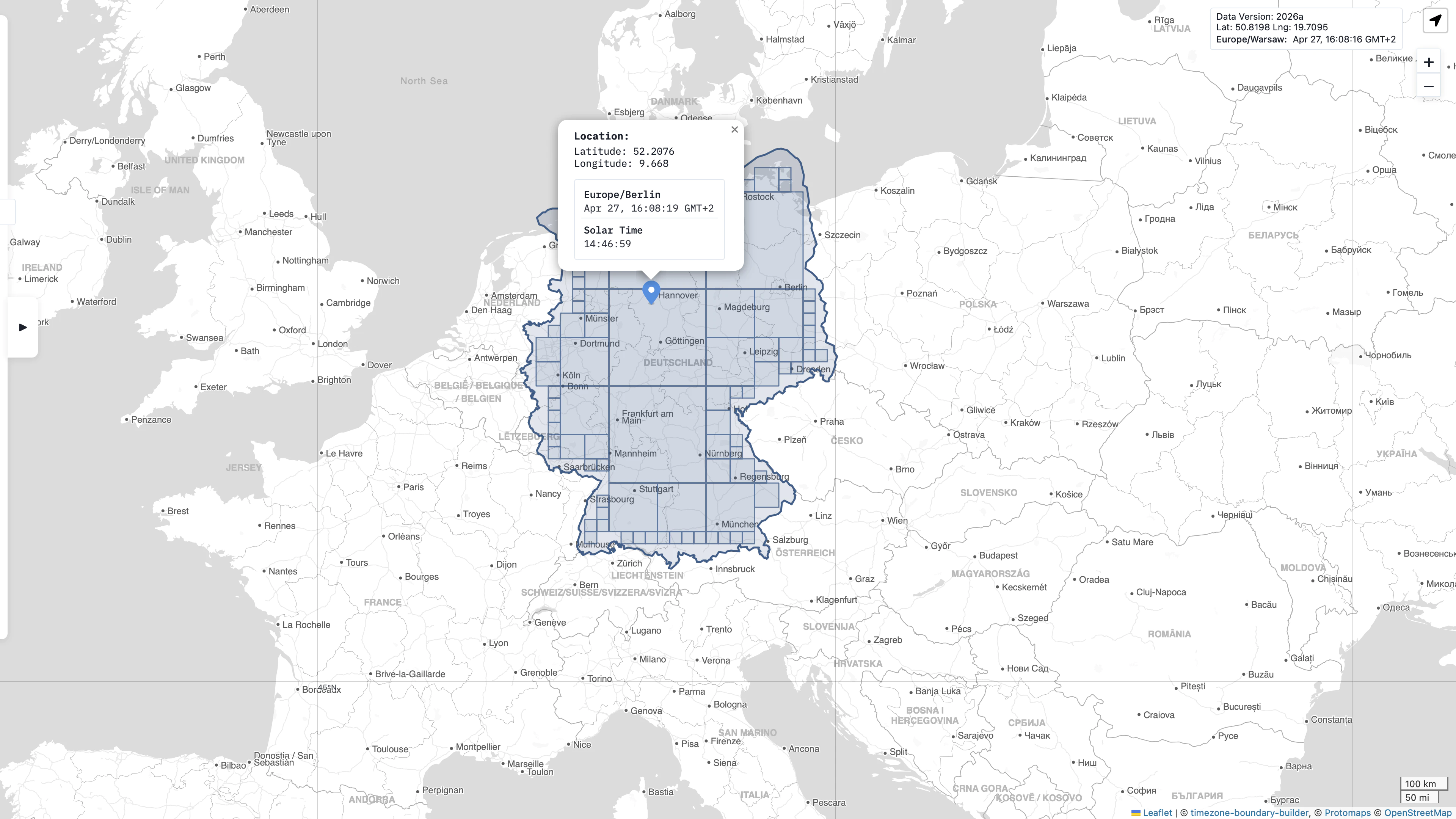 Tile-based timezone index demo (not the real data being used). A live demo showing polygons and their index is available via tzf-web